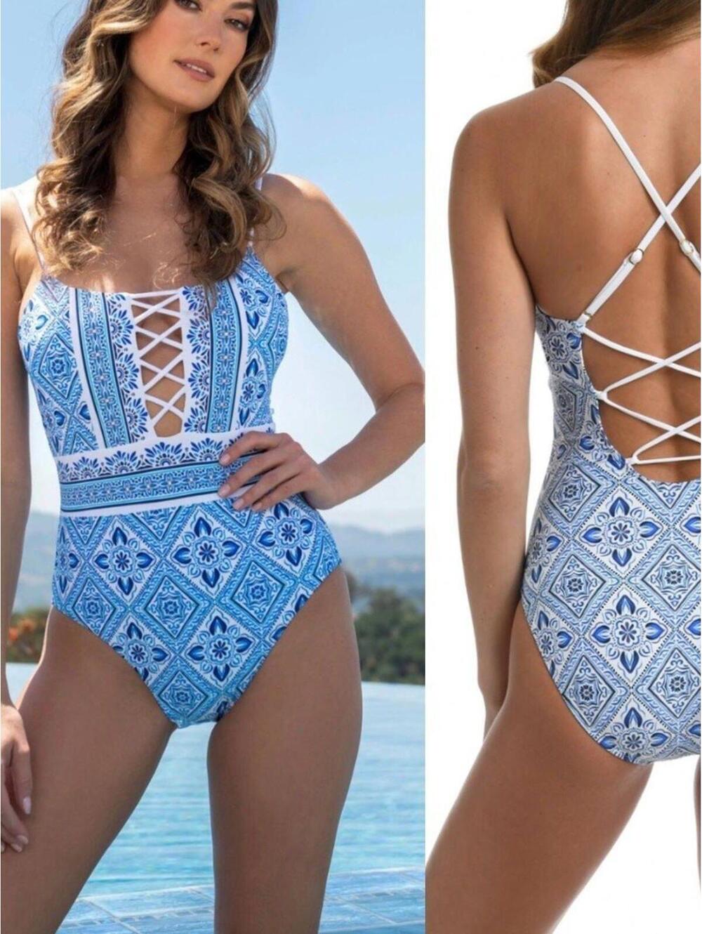 La Blanca Mediterranean Breeze Lace-Up One Piece Swimsuit Blue 14 NWT